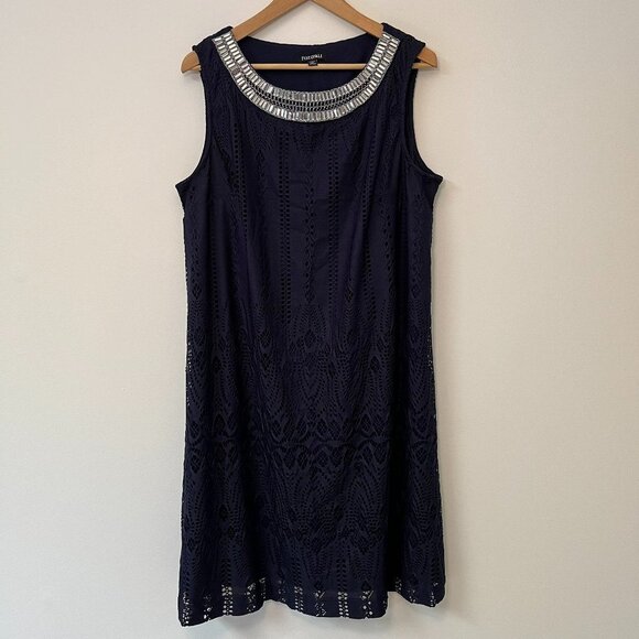 Roz & Ali Navy Eyelet Jeweled Scoop Neck Dress - Size 16 - Picture 1 of 11